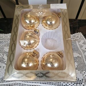 NIB Silvestri Gold Glass Ornaments Set of 5 Fluted Balls Make The Magic Vintage
